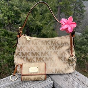 Michael Kors Beige/Tan MK Logo Shoulder Bag with Key Pouch